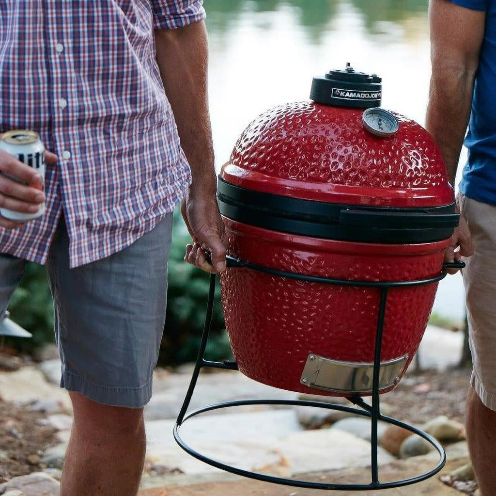 13.5 in. Portable Charcoal Grill in Red with Cast Iron Cart E2037