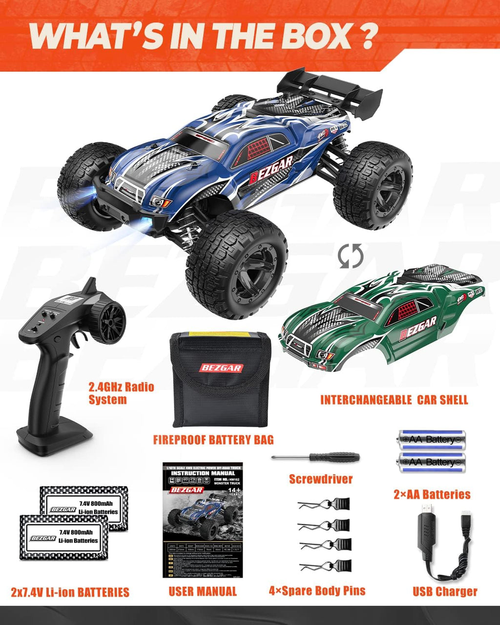 1:16 Scale 4WD Remote Control Monster Truck with 2 Rechargeable Batteries T490696