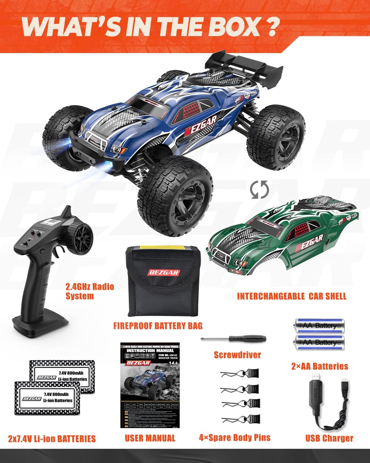 1:16 Scale 4WD Remote Control Monster Truck with 2 Rechargeable Batteries T490696