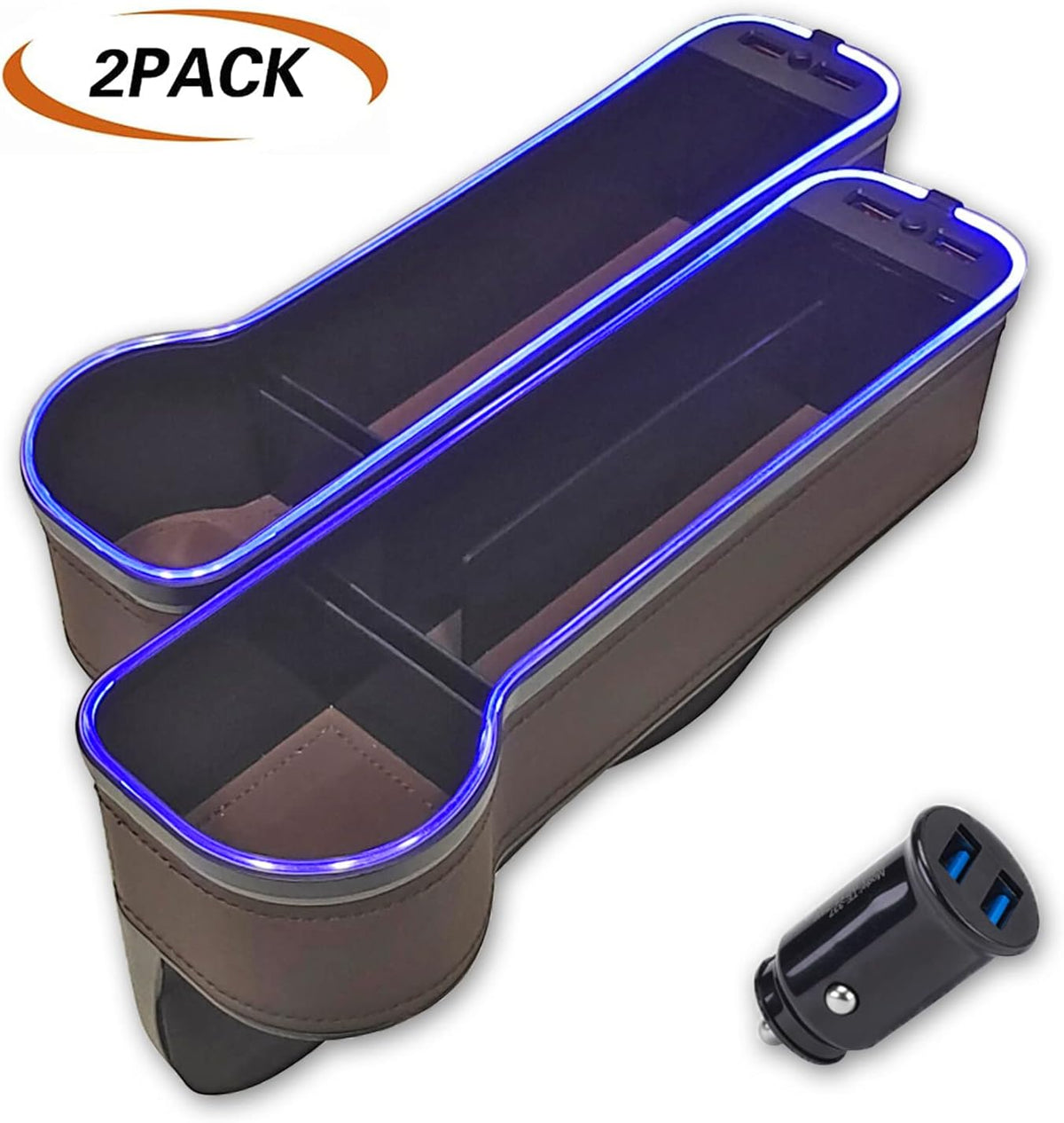 2 Pack Car Cup Holder Seat Organizer with LED Light Bar, Brown T413