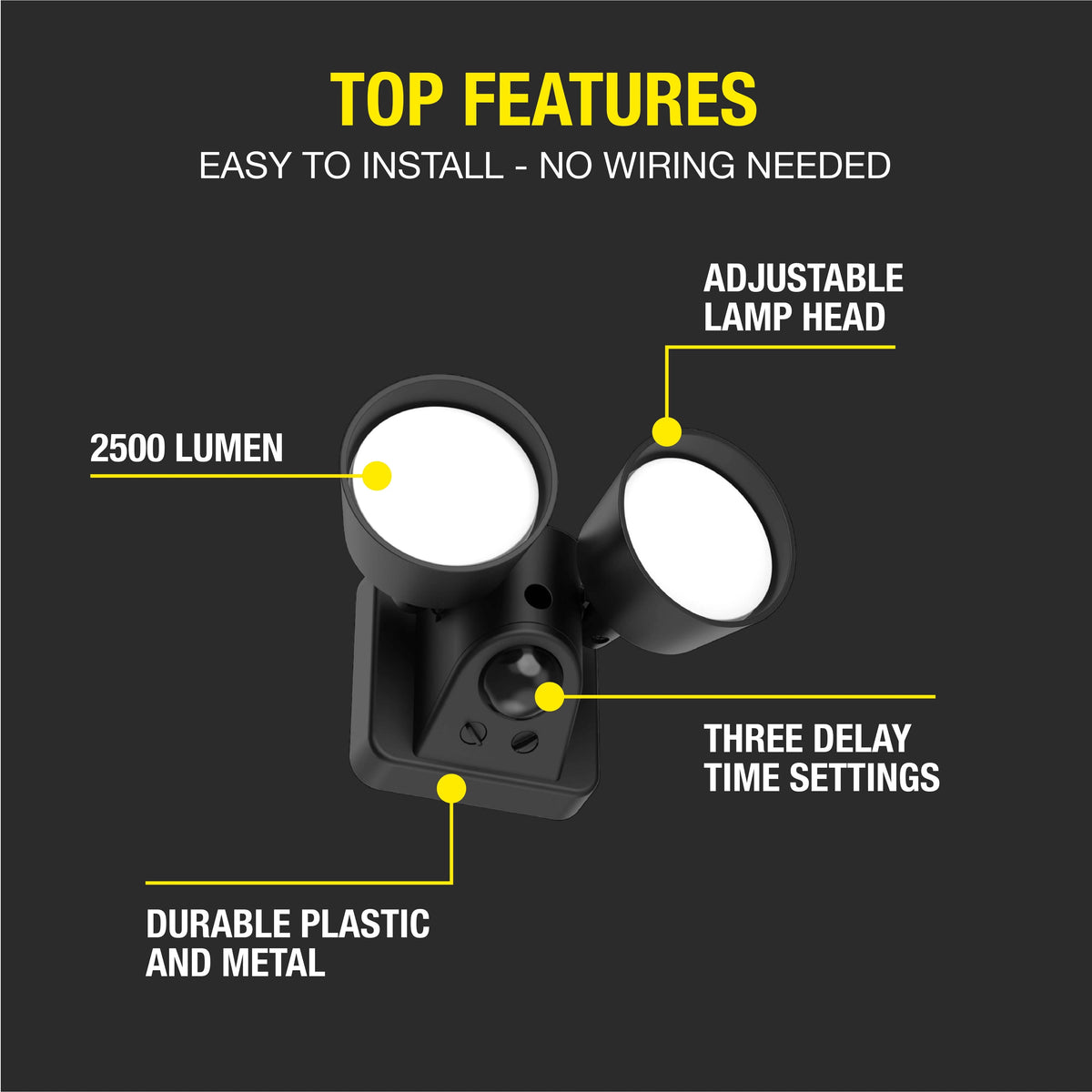 2-Head LED Motion Sensing Outdoor Security Light, Black, 2500 Lumens K893