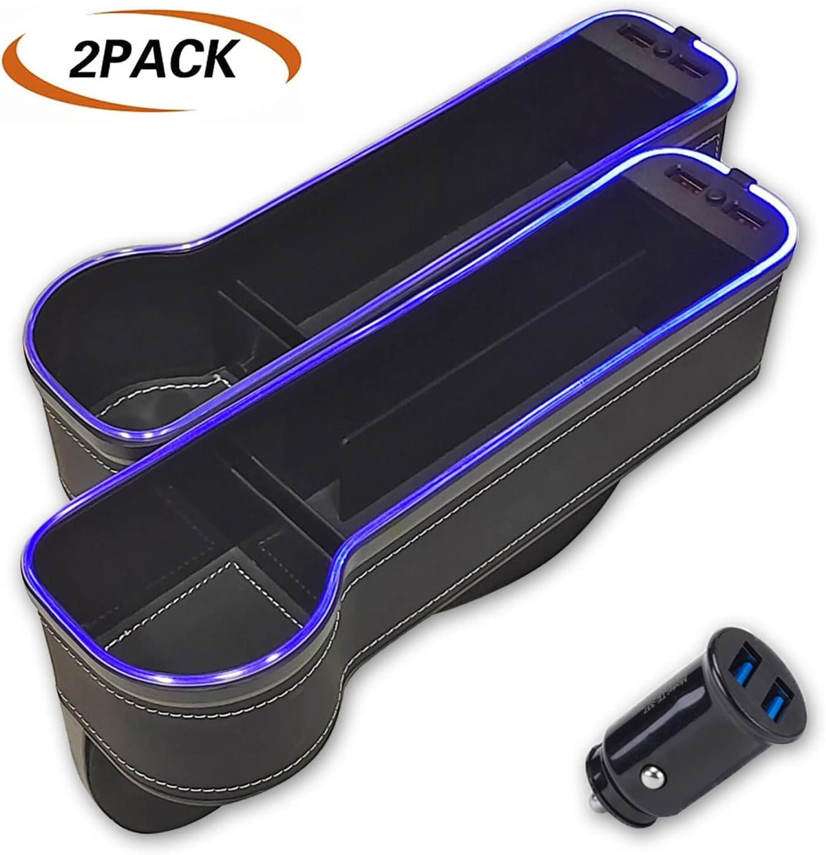 2 Pack Car Cup Holder Seat Organizer with LED Light Bar, Brown T413