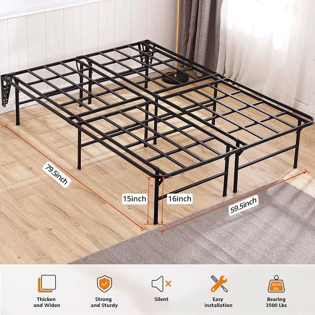 16in Heavy Duty Steel Slat Full Platform Bed Frame Black O827
