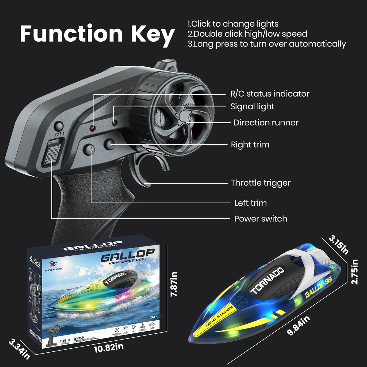 Remote Control Boat with LED Lights, 2 Rechargeable Battery A248241