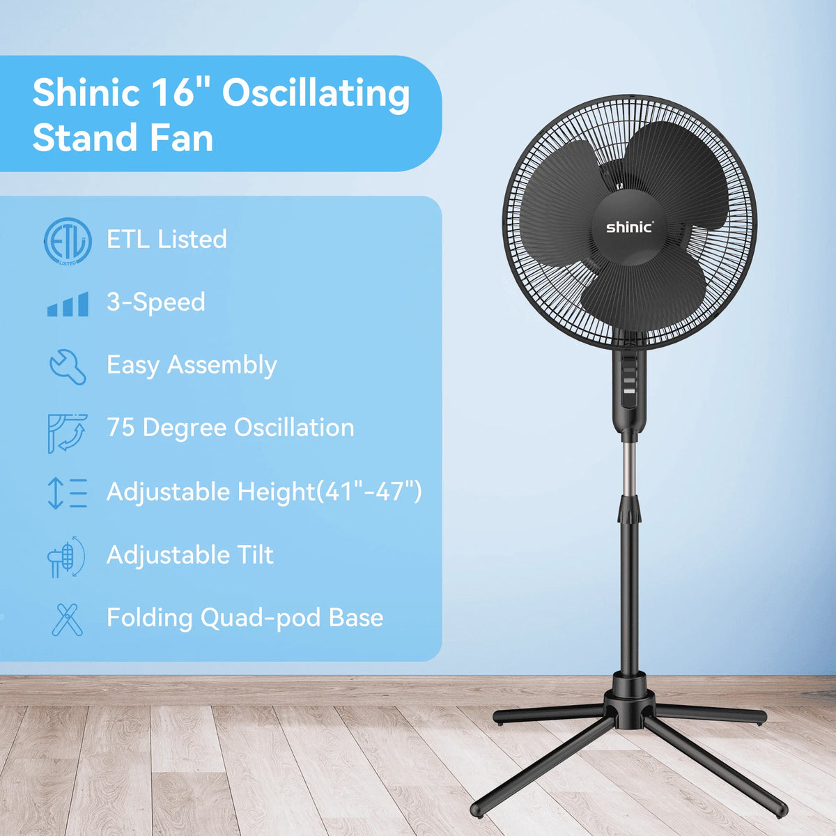16 3-Speed Oscillating Pedestal Fan with Folding Base, Adjustable Height and Tilt, Black P512