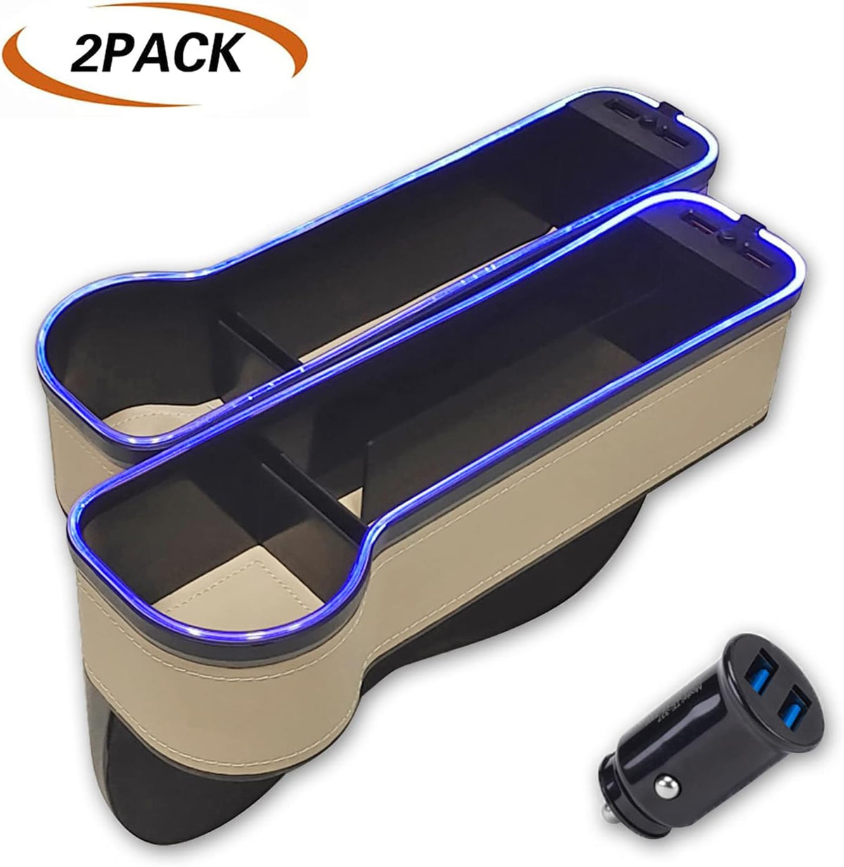 2 Pack Car Cup Holder Seat Organizer with LED Light Bar, Brown T413
