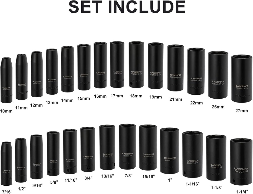 1/2-Inch 29 Pieces Deep Impact Socket Set, CR-MO, Metric & SAE P26671