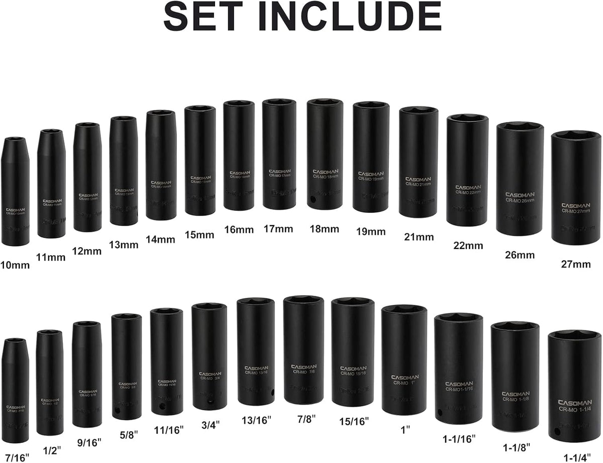 1/2-Inch 29 Pieces Deep Impact Socket Set, CR-MO, Metric & SAE P26671