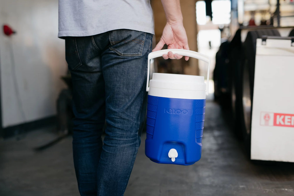 2-Gallon Blue Plastic Beverage Jug with Hooks B96530